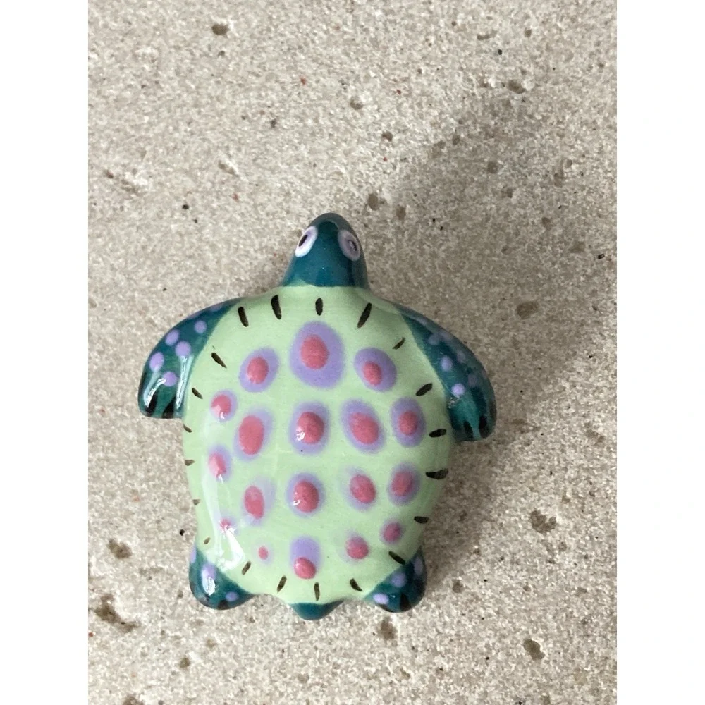 Hand Painted Sea Turtle Brooch Ceramic Green‎ Pink Purple Animal Beachy Coastal
